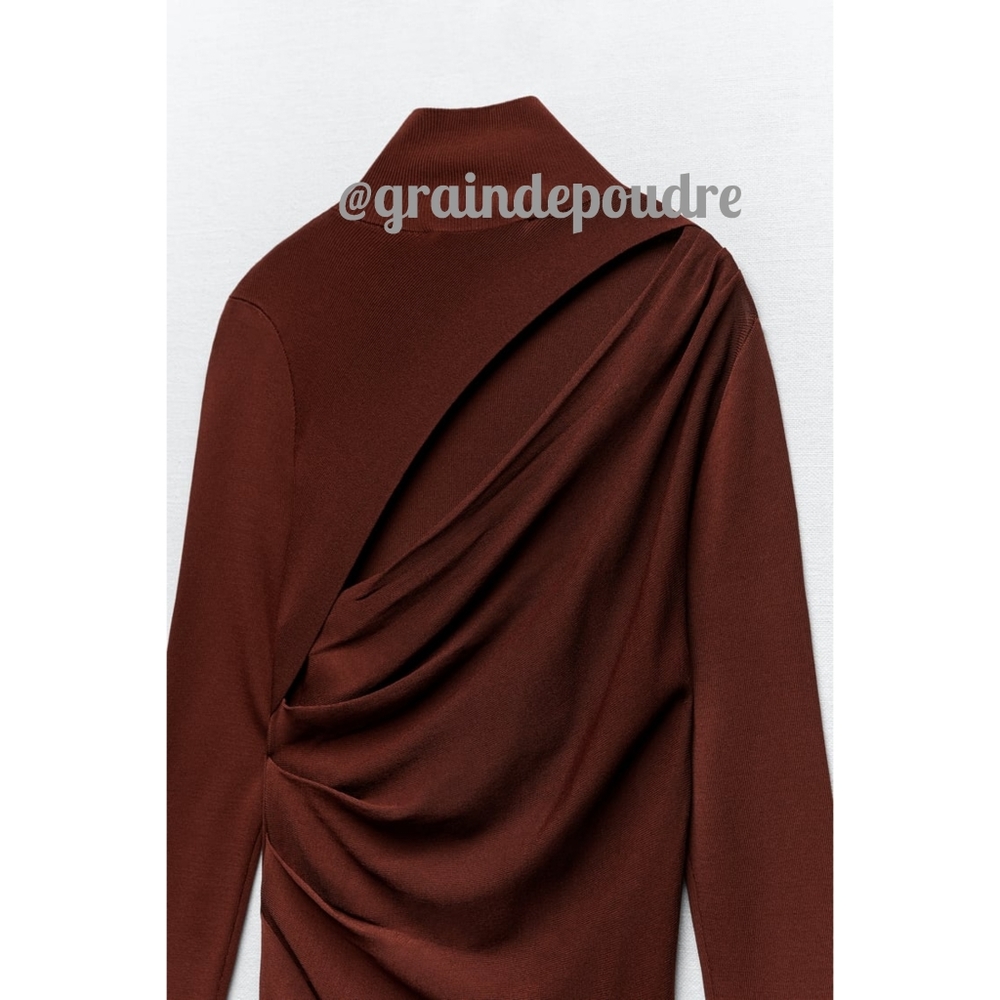 Rare! Zara Chocolate Brown Mock Neck Back Cutout Slit Knit Maxi Swing Dress S - Picture 5 of 6